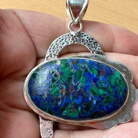OVERSIZED STATEMENT LAPIS MALACHITE CHRYSOCOLLA PENDANT 925 STERLING SILVER